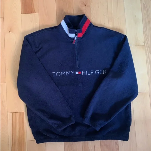 Y2K TOMMY HILFIGER BLUE FLEECE PULLOVER ZIP SWEATER UNISEX M-L - Picture 2 of 10